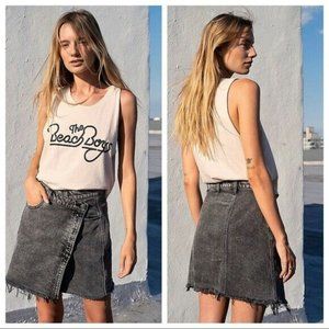 Free People Womens Parker Sulfur Black Denim Mini Frayed Hem Wrap Skirt Size 25